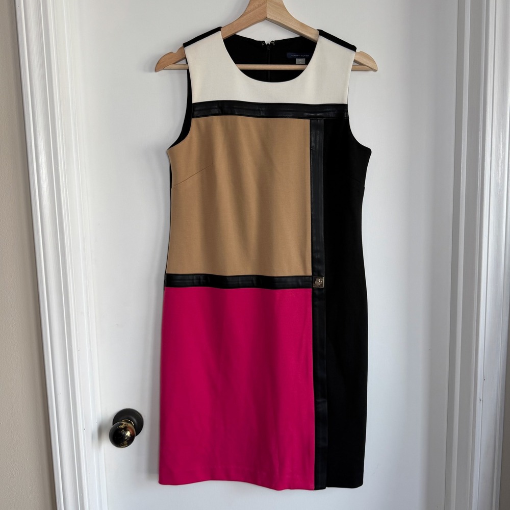 Tommy Hilfiger Colorblock Faux Leather‎ Trim Sheath Dress Pink Black Tan 4